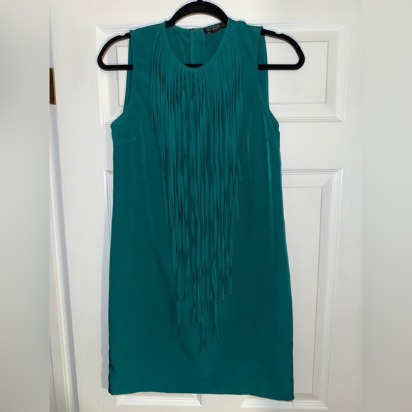 Zara Basics Teal Green Sleeveless Fringed Tassel Shift Dress Western Mini XS - Picture 2 of 6